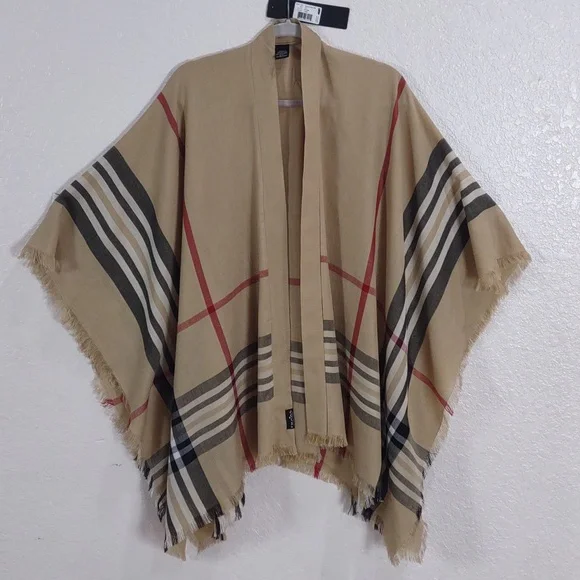 Fraas Lightweight Border Plaid Poncho,Color Camel. - Picture 11 of 13